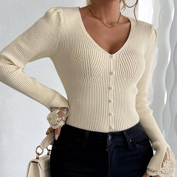 Beige Casual Women's Lace Patchwork V-Neck Fitted Knit Sweater - Picture 6 of 8